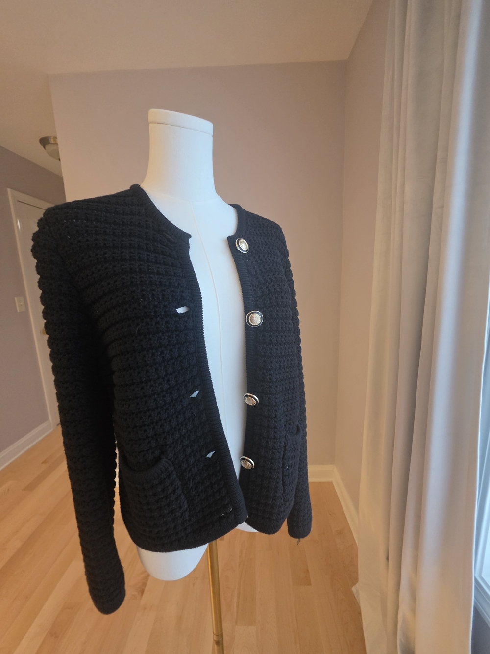 ba&sh Black Textured Knit Button Blazer